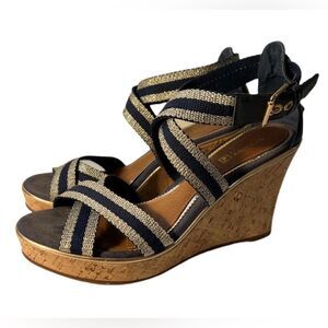 Sperry Top-Sider Harbordale navy/gold web buckle ankle strap cork wedges. 6M NIB